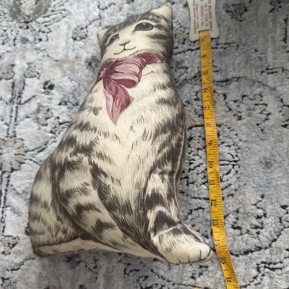 Vintage Tabby Cat Pillow Blue Eyes Pink Bow Brown Cat White Fur